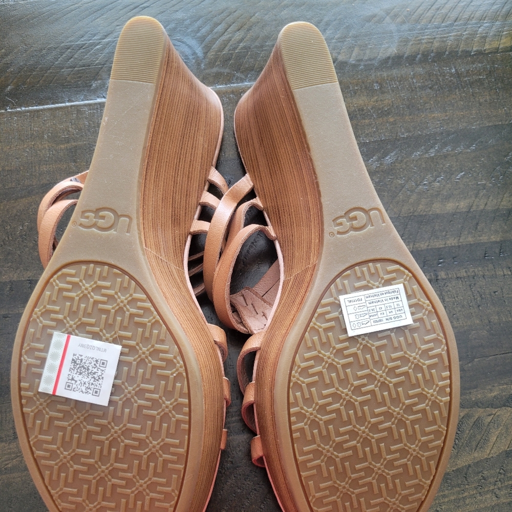 UGG Mattie Women Brown Leather Weave Wedge Slides FD1114L Sandals Shoes Size 12W - Picture 3 of 5